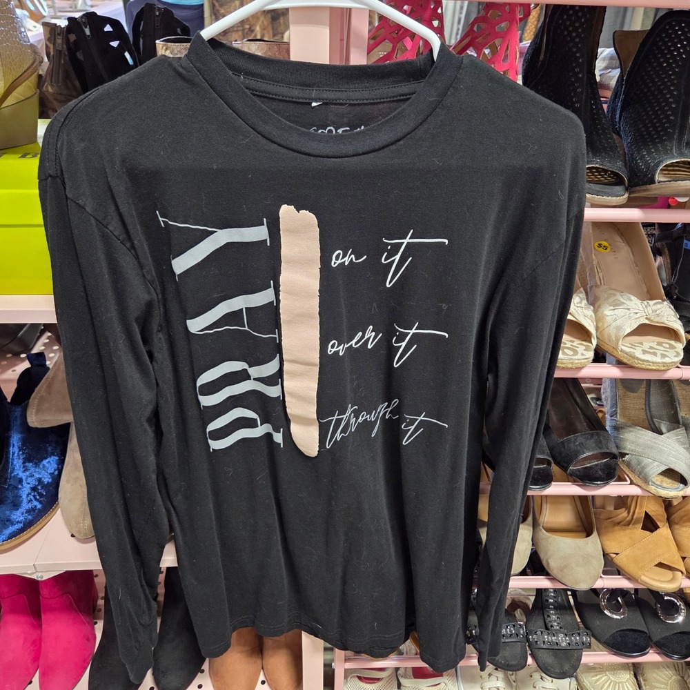 Love Faith Long Sleeve Graphic T Shirt Pray On It Over It Through It Black M
